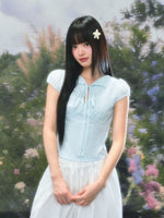 Light Blue Tie Bubble Sleeve Blouse