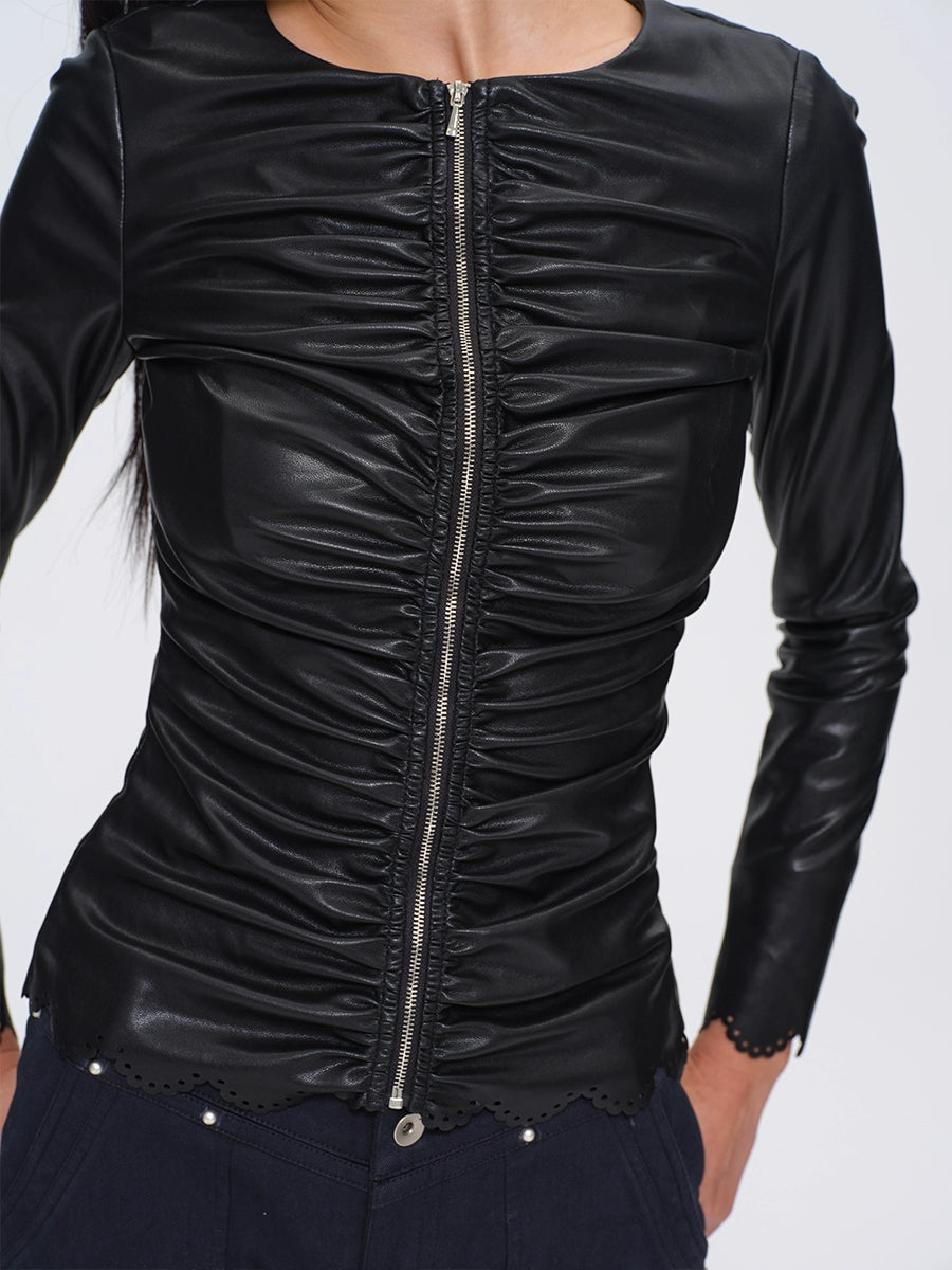 Ruched Burnout Slim Cropped Faux-Leather Jacket