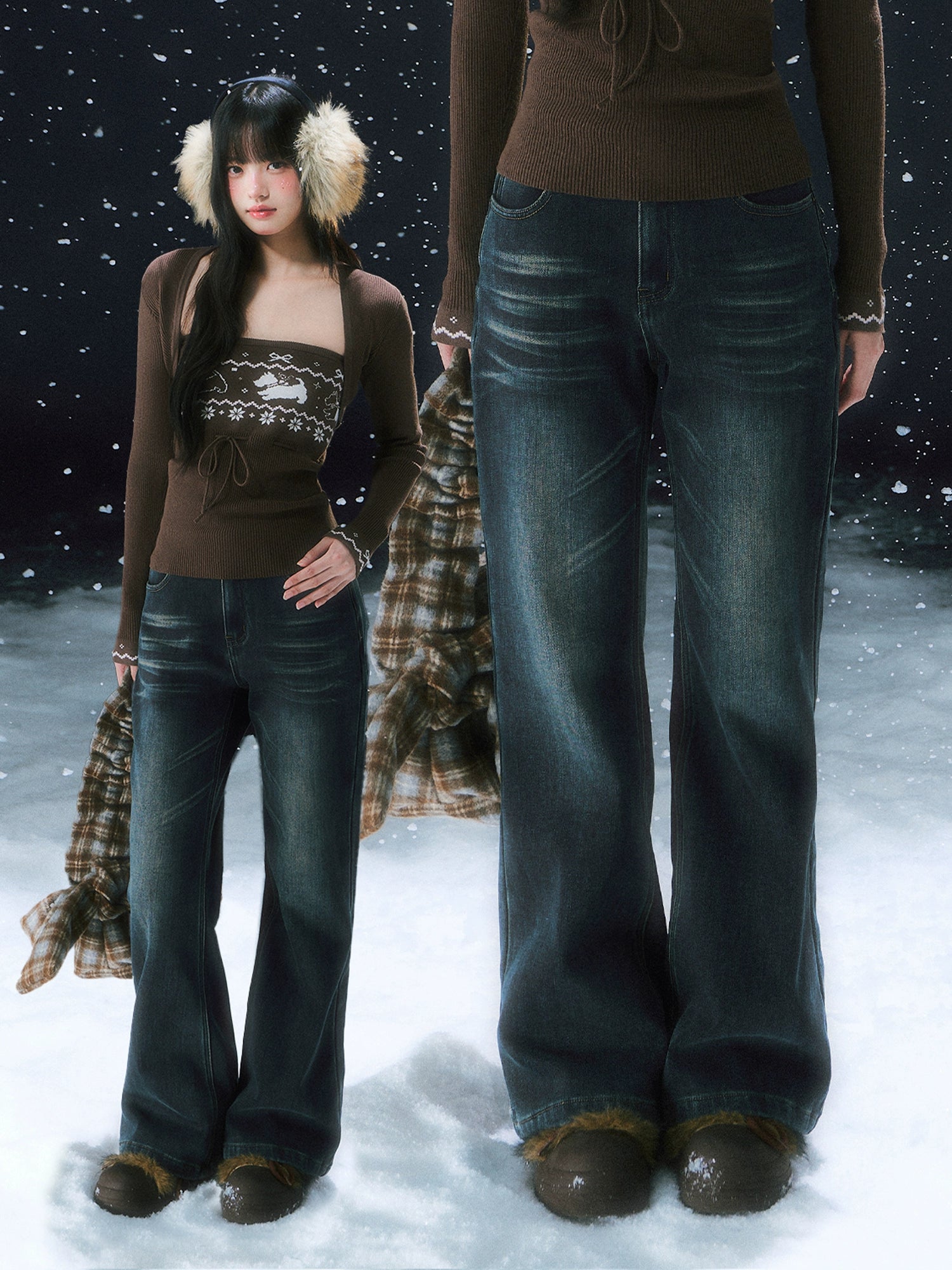 Navy Blue Retro Fleece-lined Flare Pants