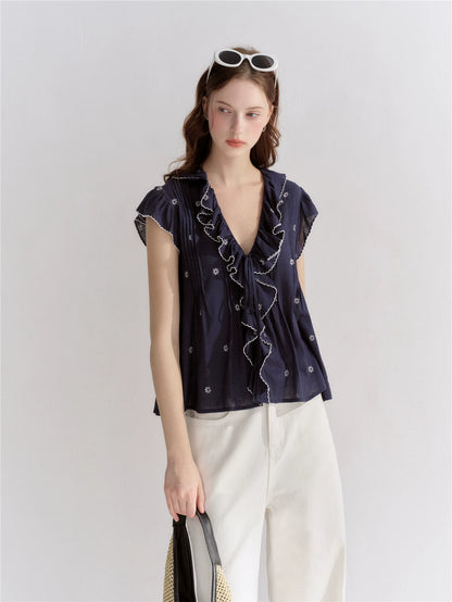 Lace Trim Ruffle V-Neck Blouse