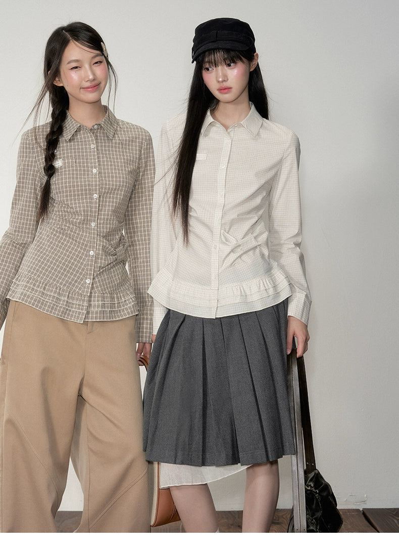 Khaki &amp; White Vintage Plaid Blouse