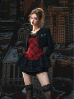 Red Plaid Lace Puff Dress Set