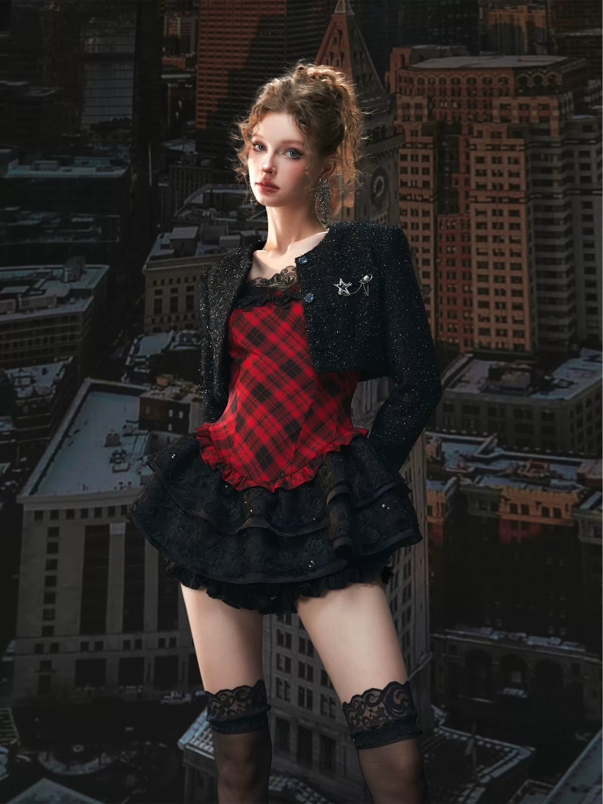 Red Plaid Lace Puff Dress Set