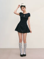 Navy Blue Tie-Waist Puff Mini Dress