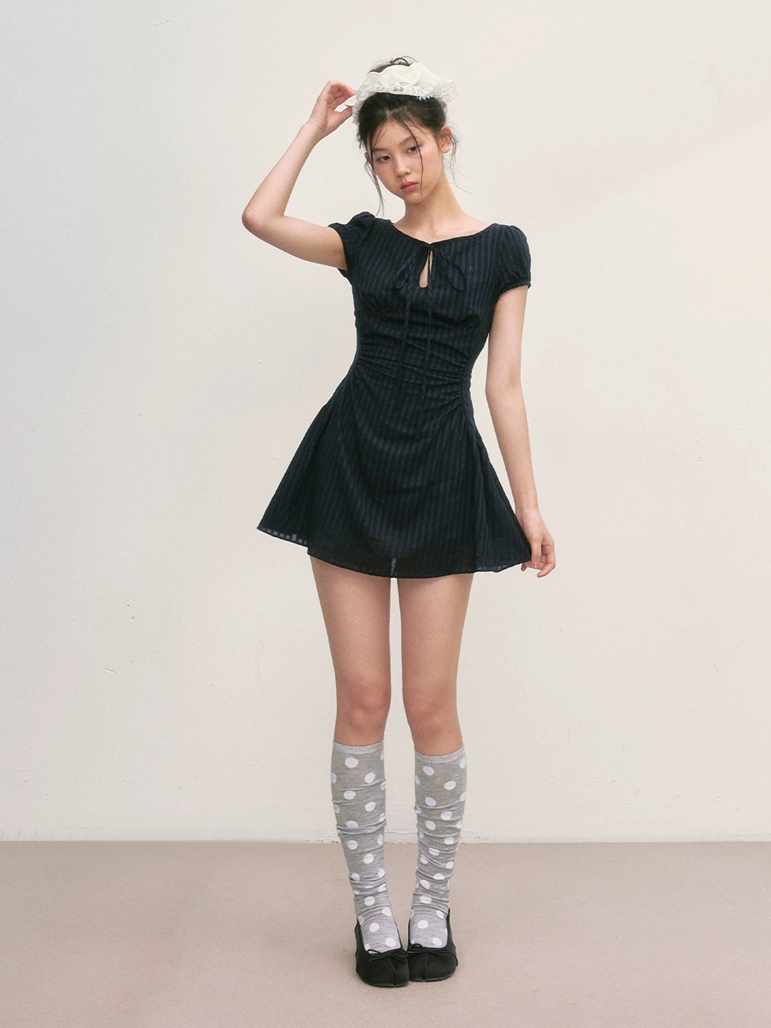 Navy Blue Tie-Waist Puff Mini Dress