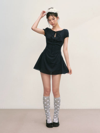 Navy Blue Tie-Waist Puff Mini Dress