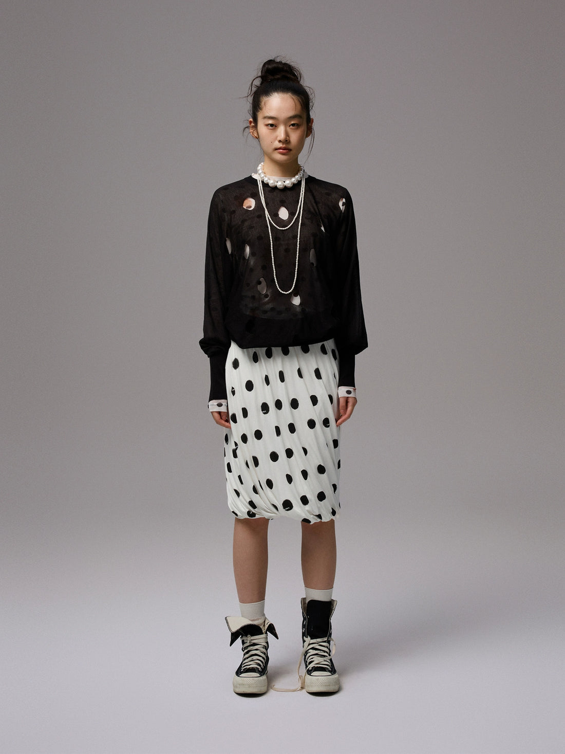 Polka Dot Hollow Knit Bubble Pullover