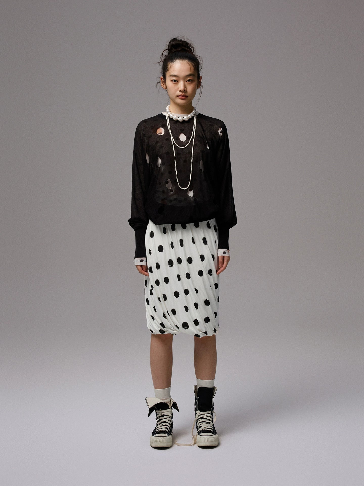 Polka Dot Hollow Knit Bubble Pullover