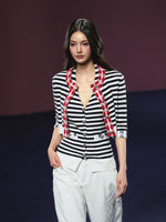 Contrast Stripe Halter Camisole Tank Top & Cardigan Set
