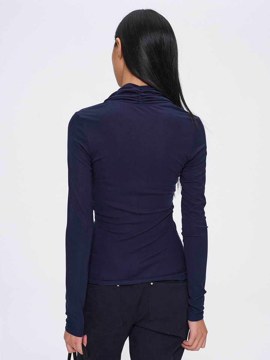 Deep-Blue V-Neck Structured Knit Top