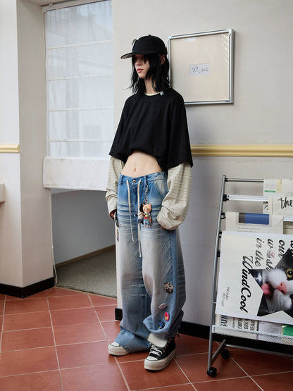 Fake Two-Piece Contrast Color Loose Striped T-Shirt