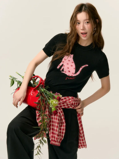Cat Print Short Sleeve Knit Top