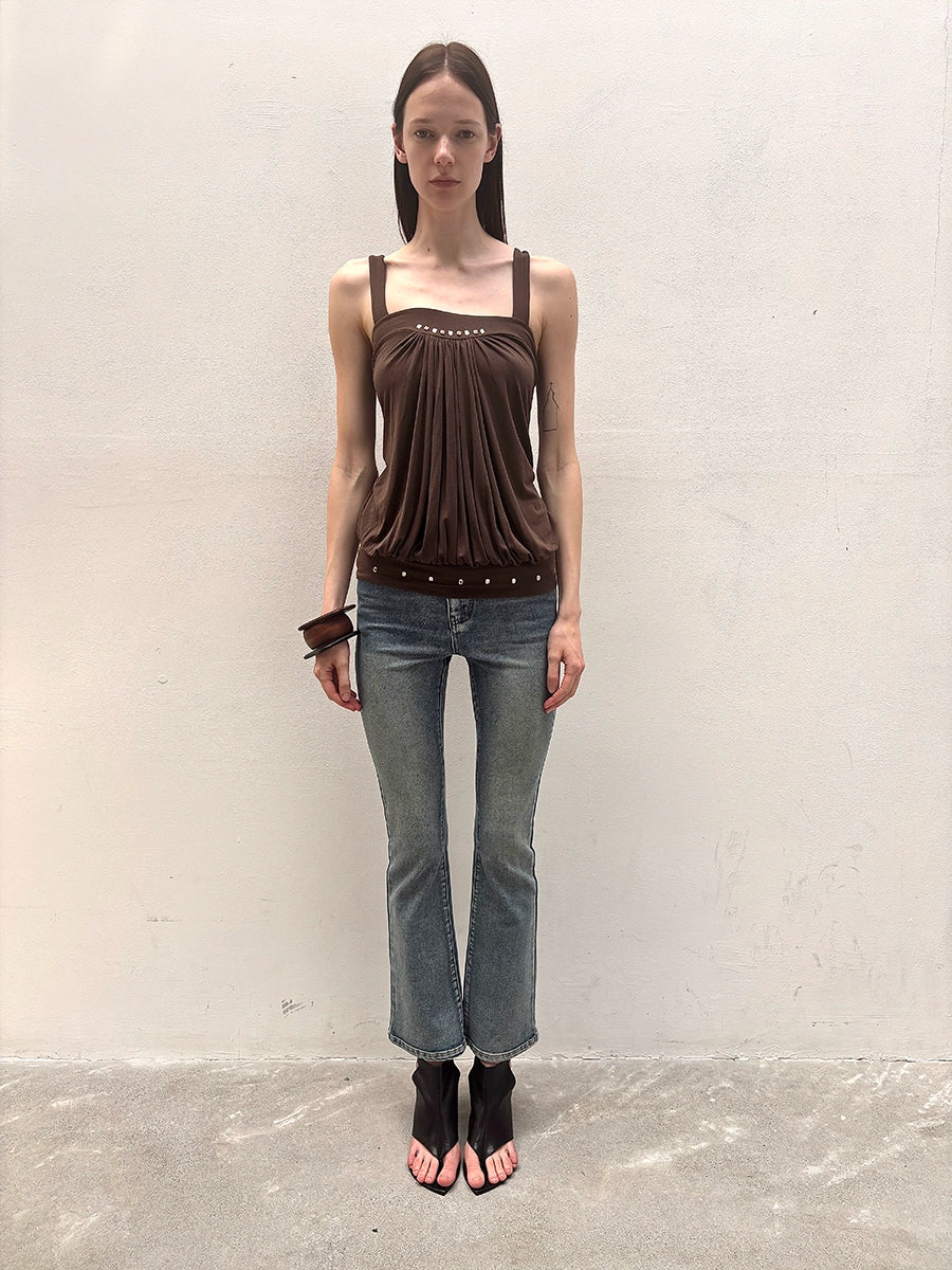 Brown Rhinestone Pleated Cross-Back Cami