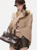 Detachable Fur Collar Cable Knit Cape