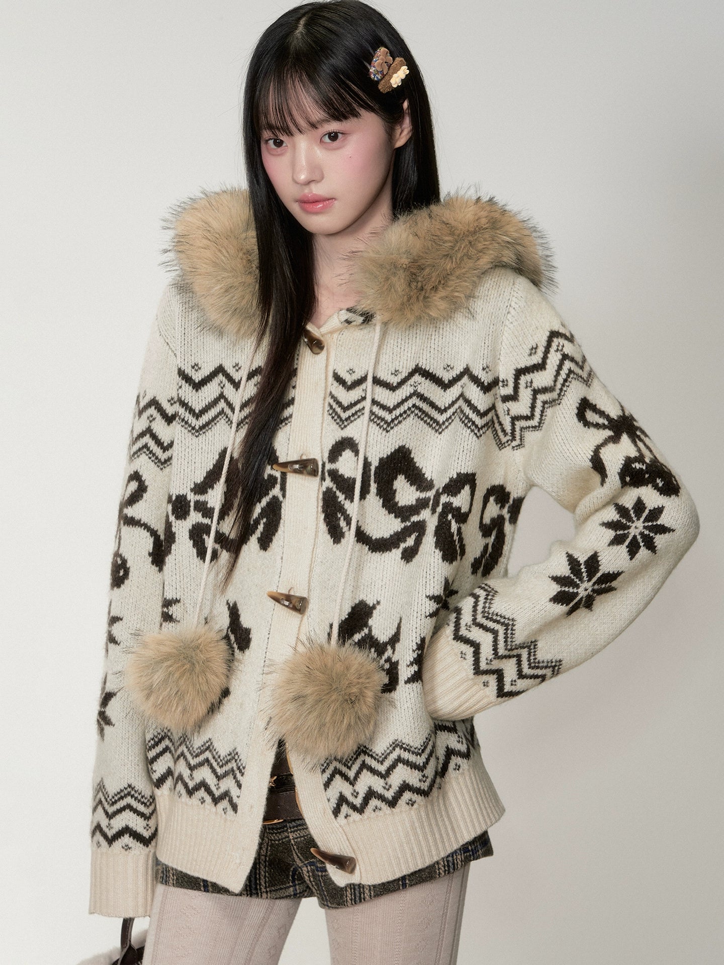 Fair Isle Fur Collar Toggle Knit Coat