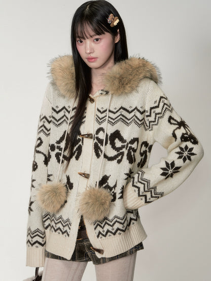Fair Isle Fur Collar Toggle Knit Coat