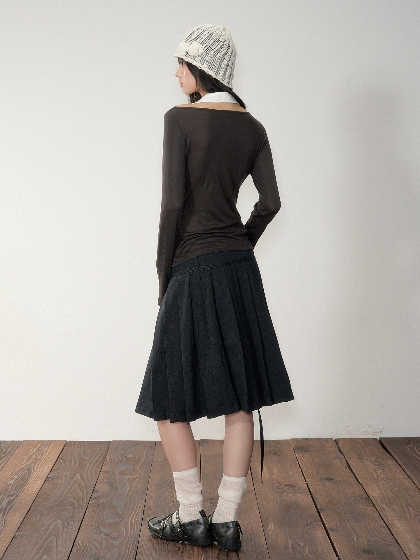 Dark Grey Tie-Waist Pleated Midi Skirt