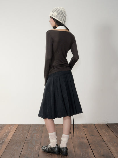 Dark Grey Tie-Waist Pleated Midi Skirt
