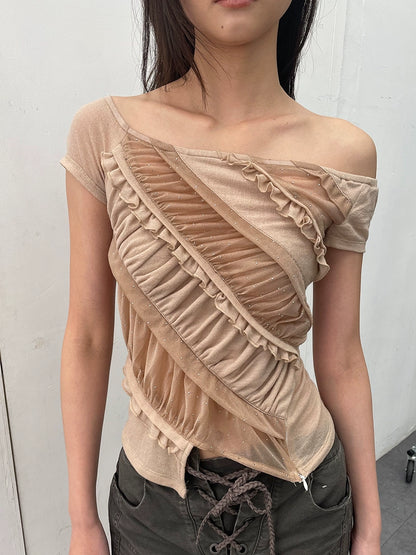 Apricot Embellished Mesh-Trim Knit Top