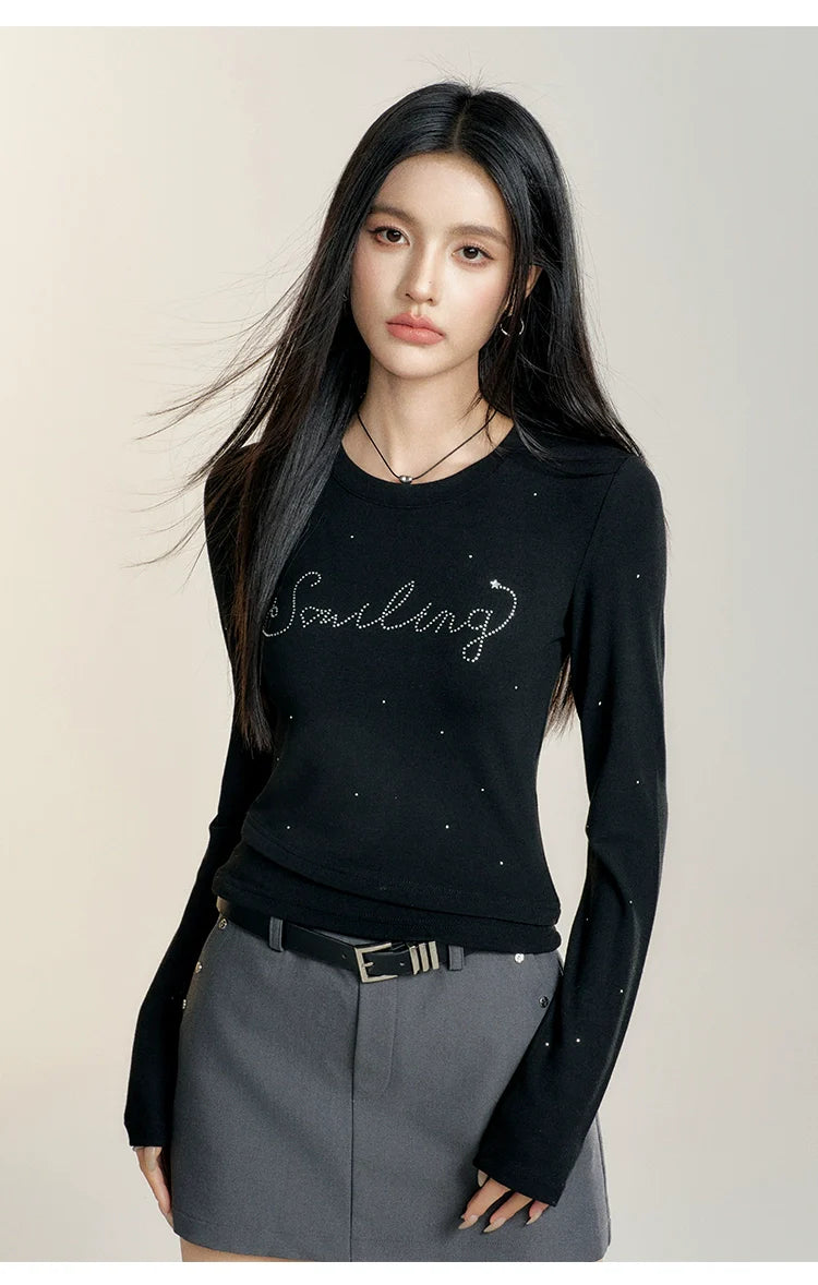 Black &amp; White Round Neck Fitted Long-sleeve T-shirt