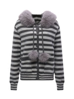Gray Fur Hood Stripe Cardigan
