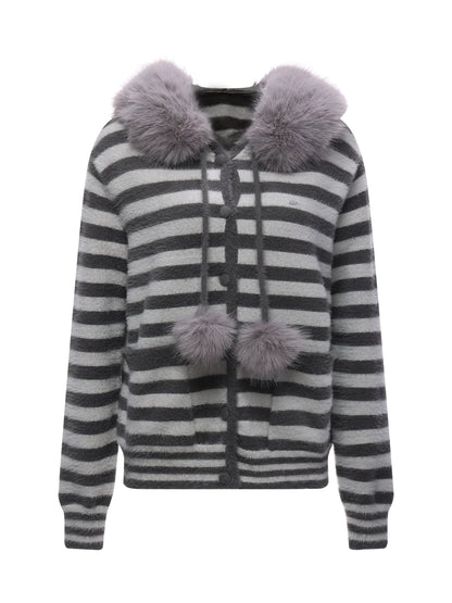 Gray Fur Hood Stripe Cardigan