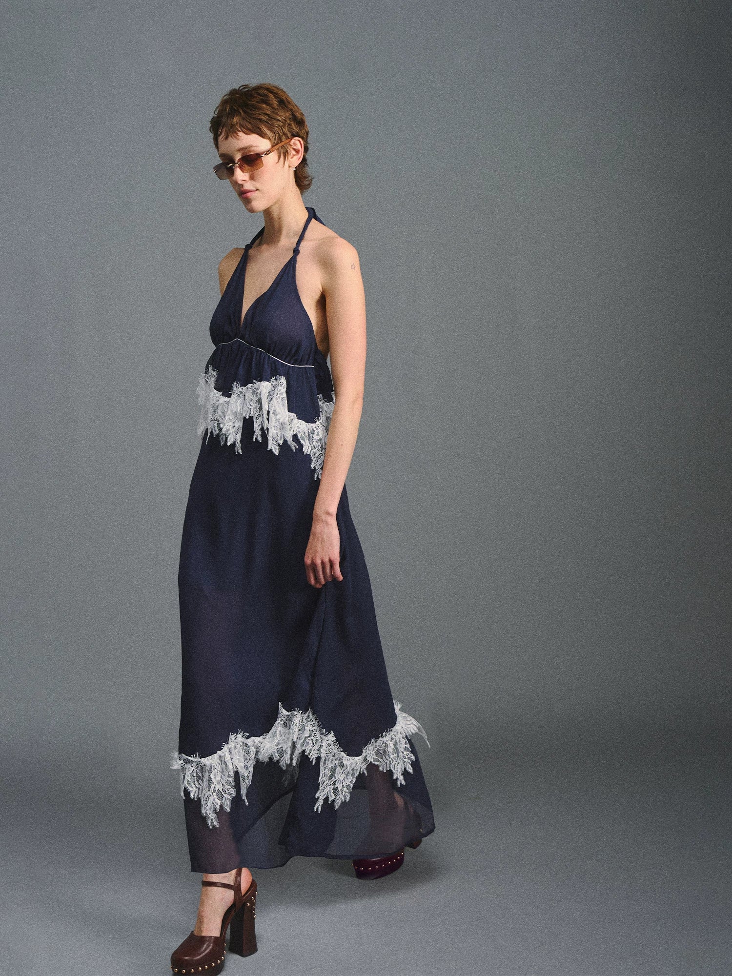 Navy Halter Lace Maxi Dress