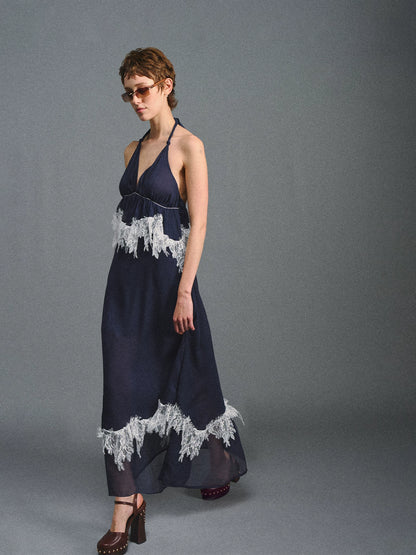Navy Halter Lace Maxi Dress