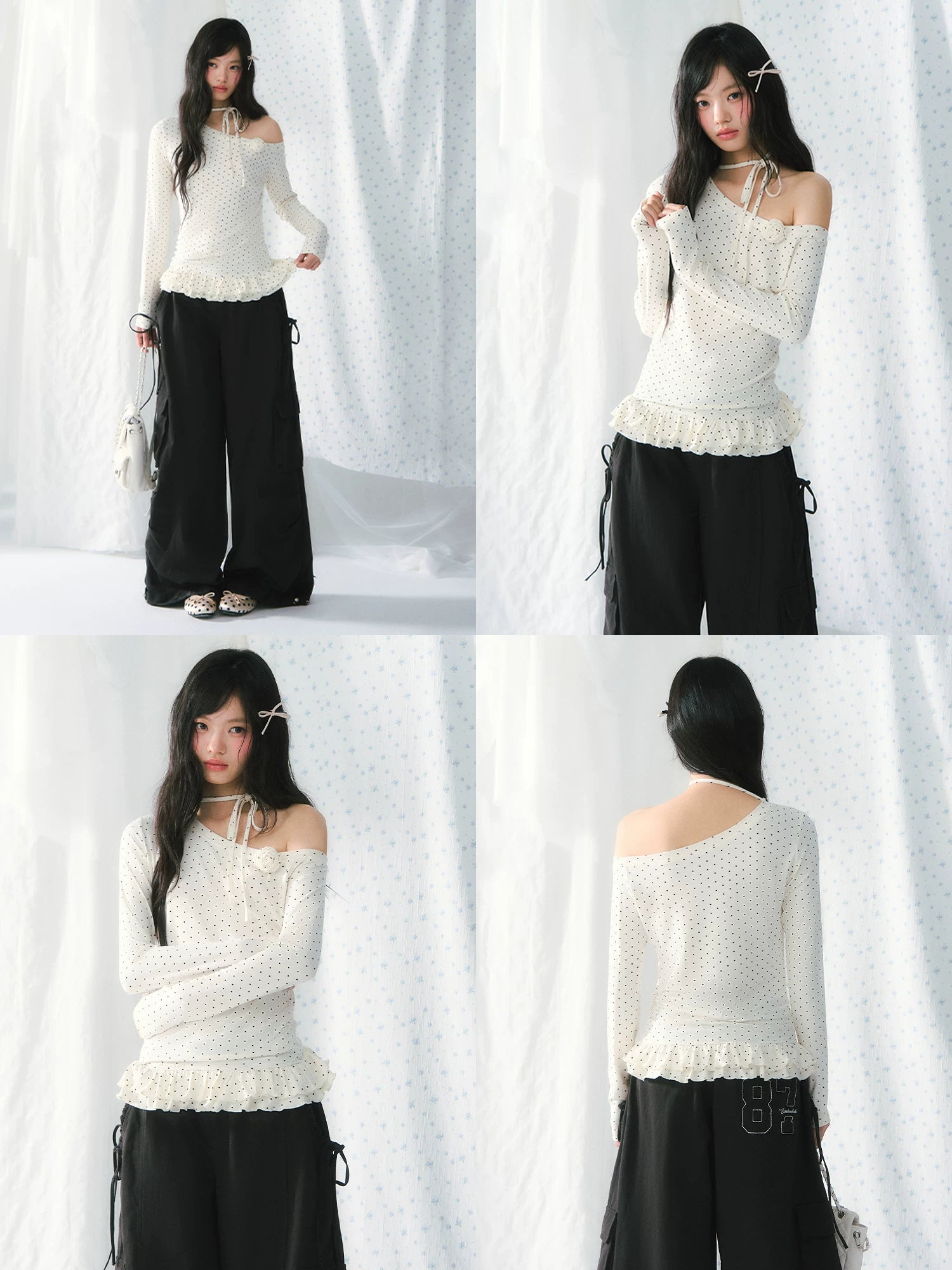 Polka Dot Ruffle One-Shoulder Top