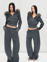 Detachable Fur Collar Hoodie & Sweatpants Set