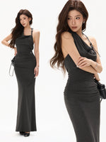 Gray Halter Knit Maxi Dress