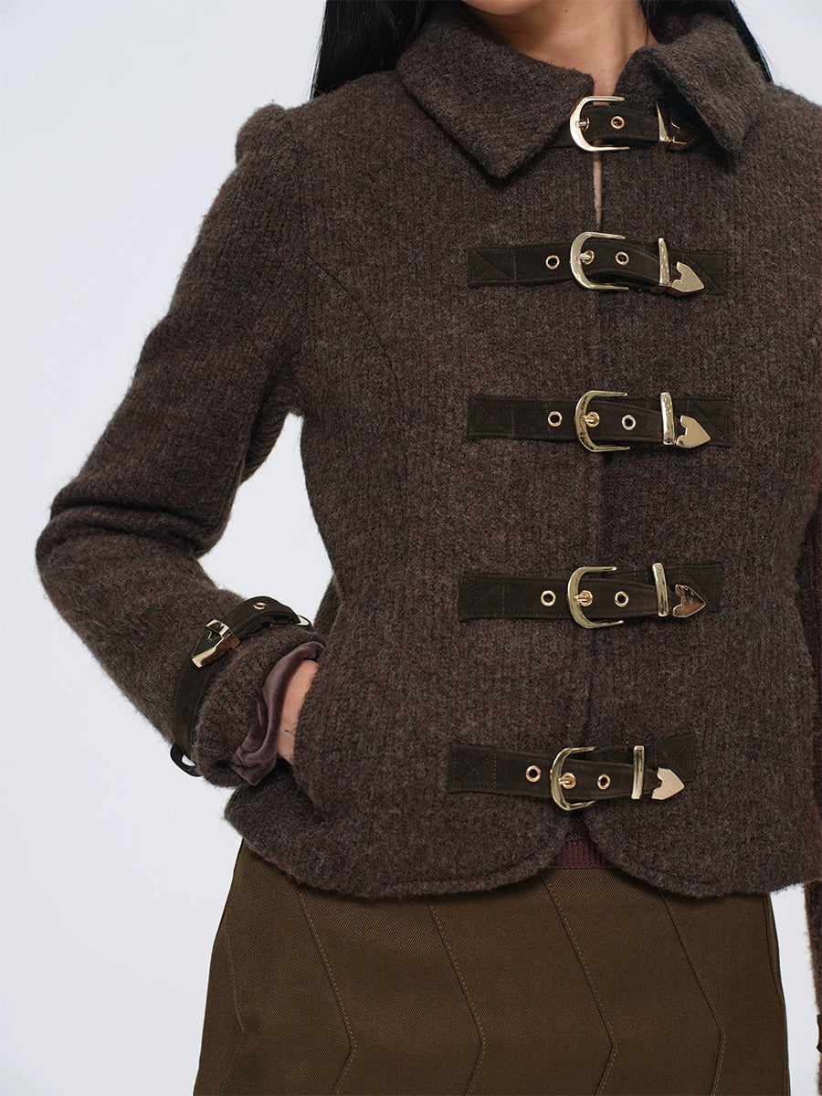 Metal-Button Wool-Blend Structured Short Jacket
