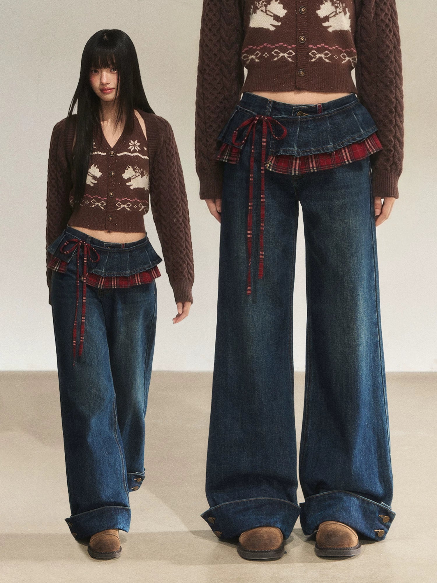 Vintage Patchwork Plaid Wide-Leg Jeans