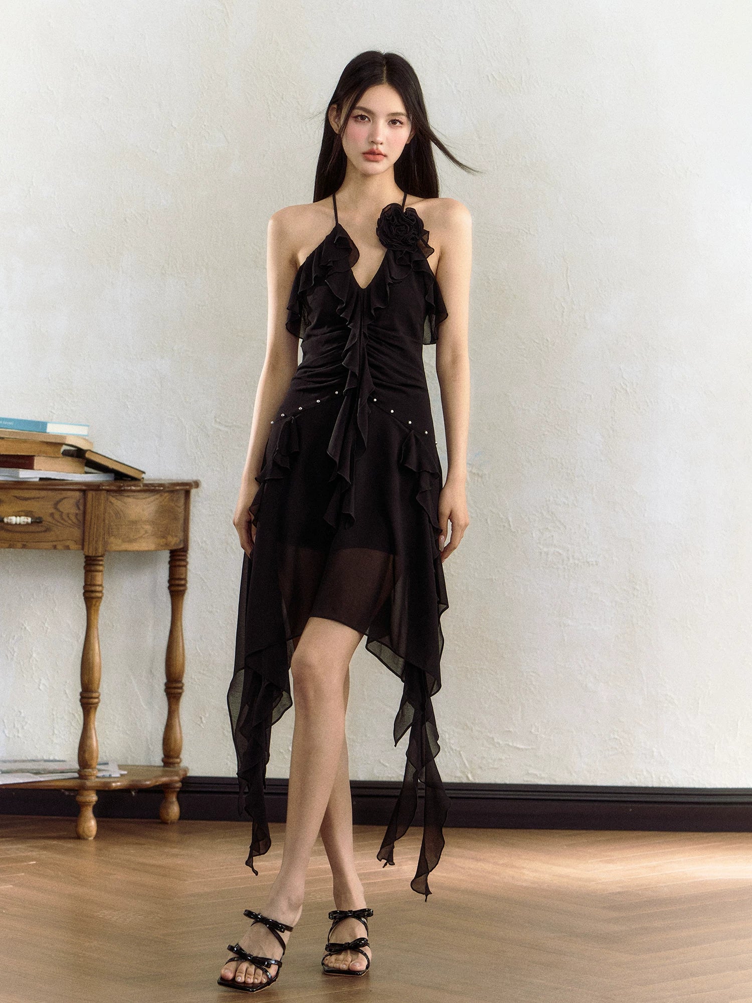 Rose Ruffle Irregular Hem Camisole Dress