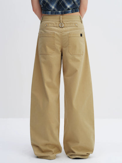 Khaki Low-Waist Curved-Leg Pants