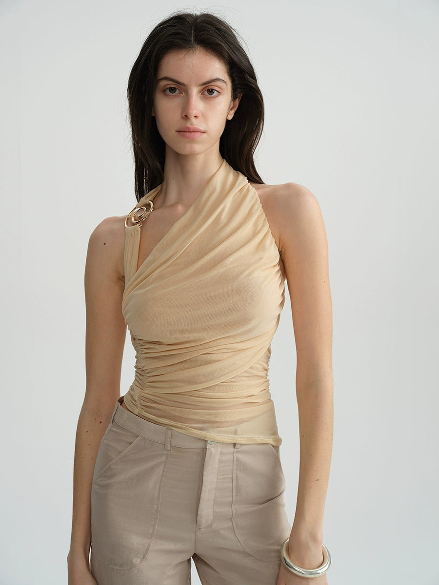 Metal Ring Halter Mesh Pleated Blouse
