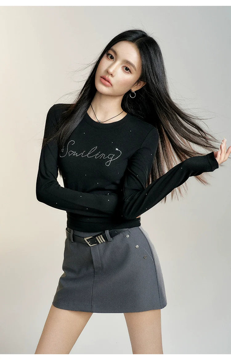 Black &amp; White Round Neck Fitted Long-sleeve T-shirt