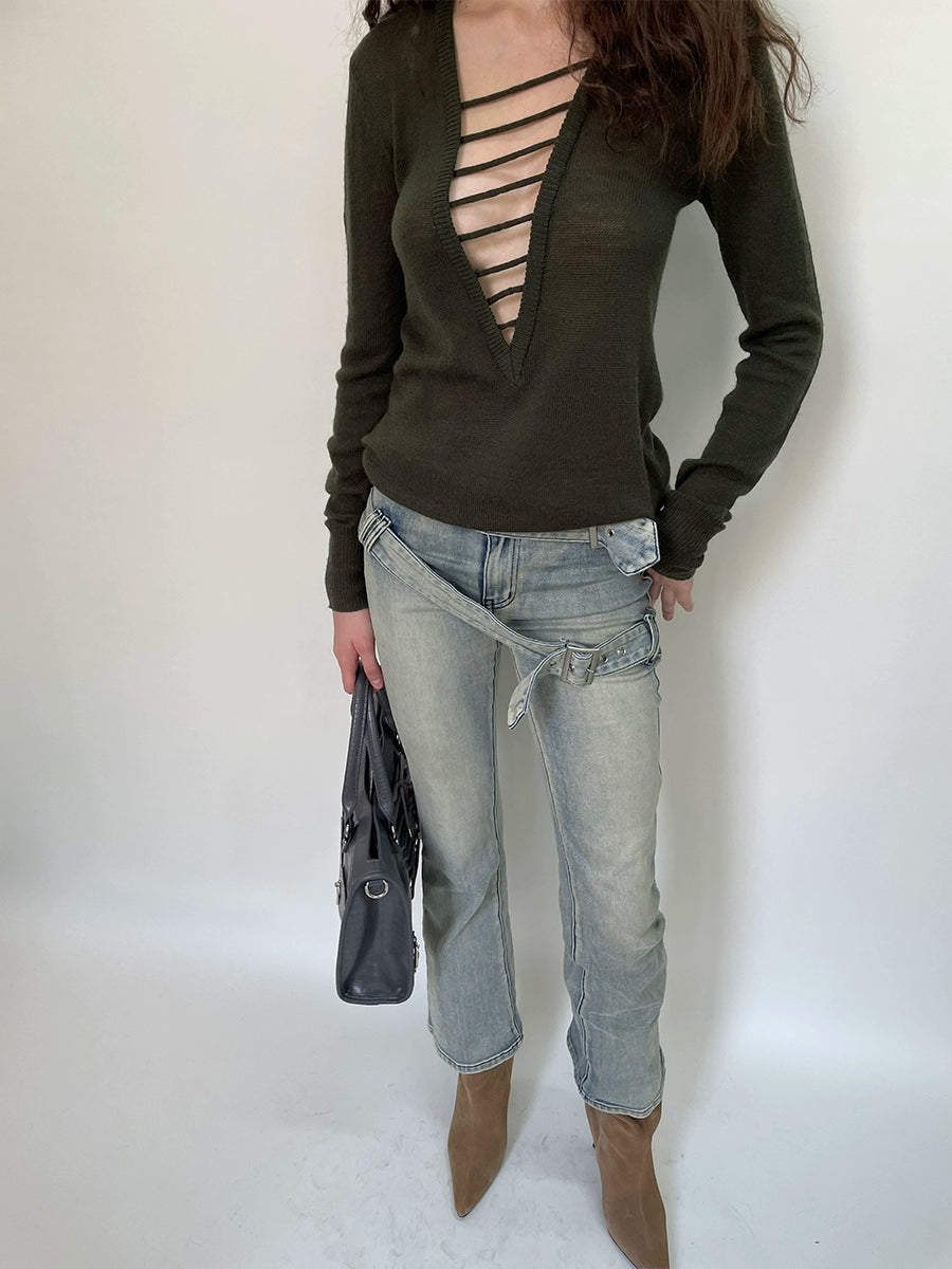 Double Waist Flared Denim Pants