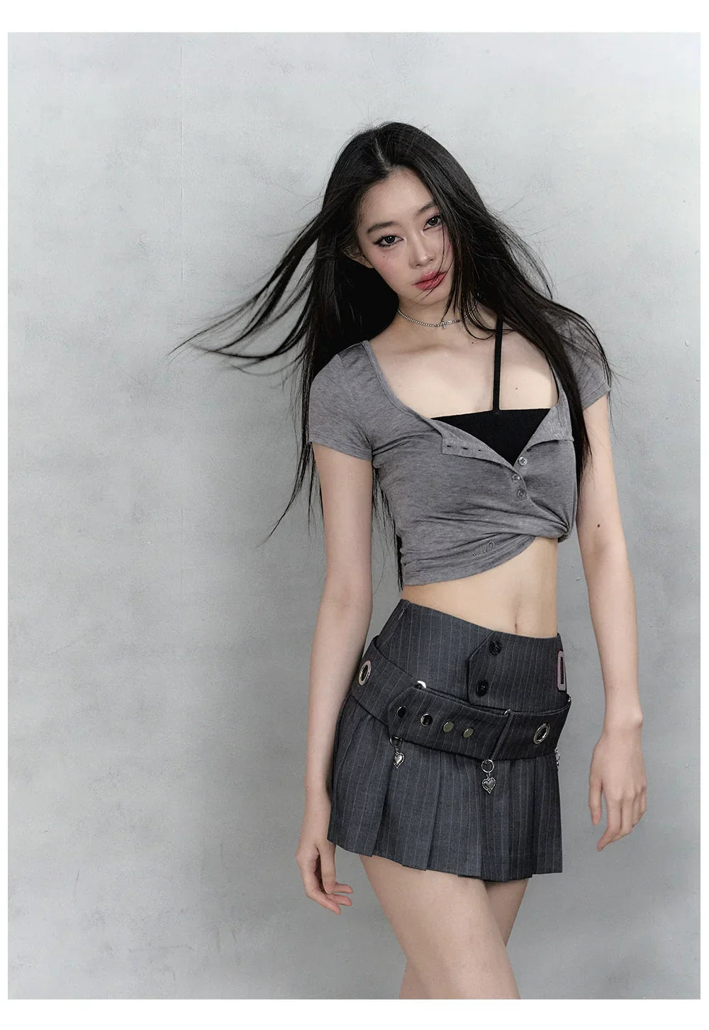 Black &amp; Grey Henley Collar Embroidered T-Shirt