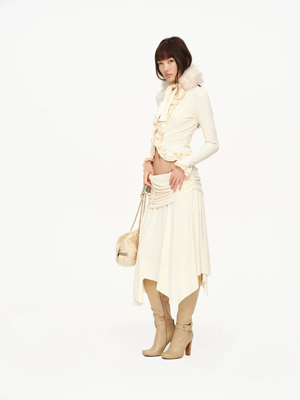 Ruched Ruffle Cardigan &amp; Skirt Set