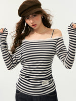 Striped Asymmetric Shoulder Fake Two-Piece T-Shirt
