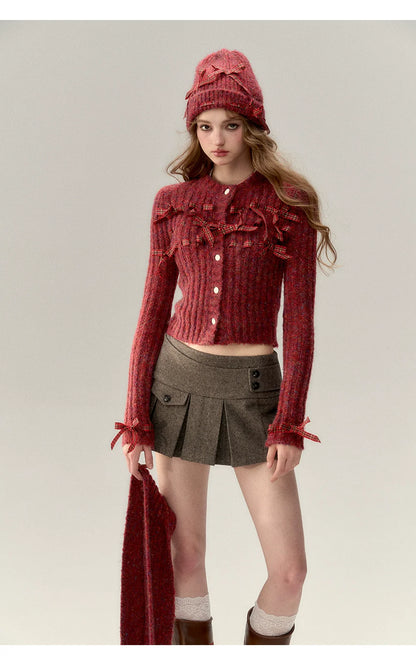 Red &amp; Black Bow Decorated Knit Cardigan