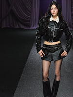 Contrast Trim Quilted Leather Jacket & Skirt Set