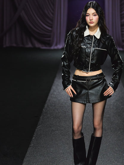 Contrast Trim Quilted Leather Jacket &amp; Skirt Set