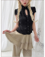 Ruffled Stand Collar Short Sleeve Top