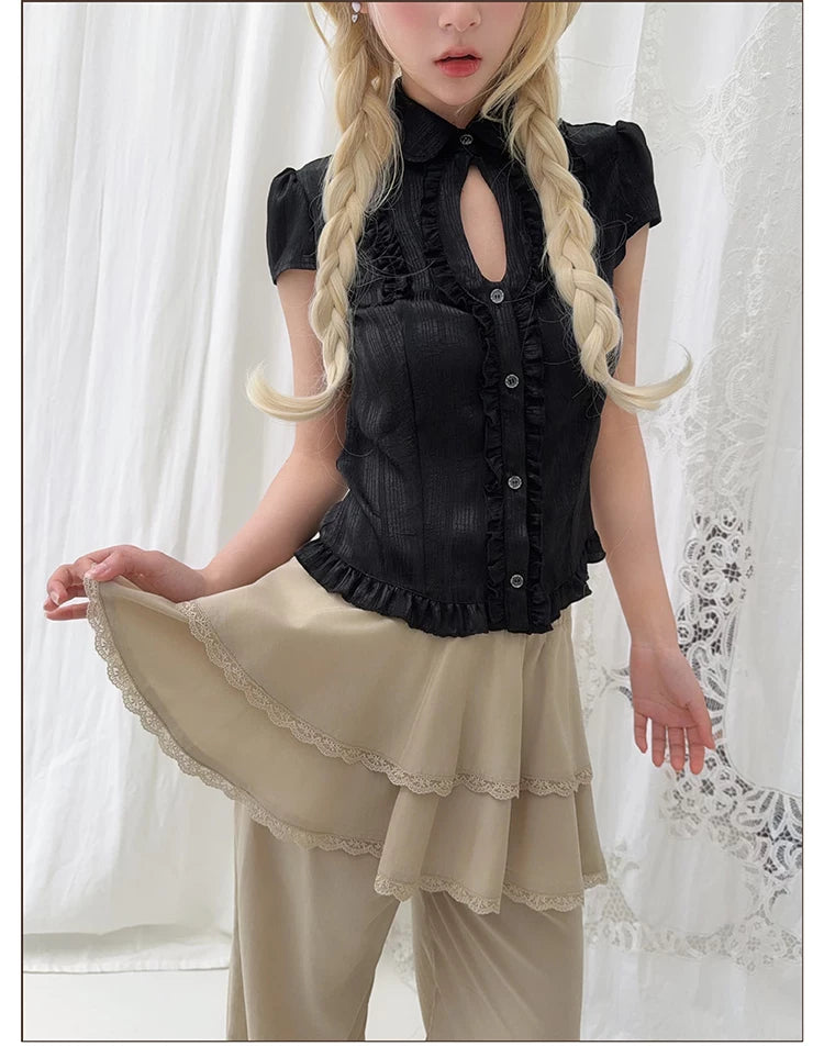 Ruffled Stand Collar Short Sleeve Top