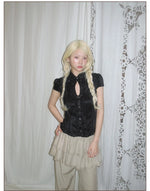 Ruffled Stand Collar Short Sleeve Top