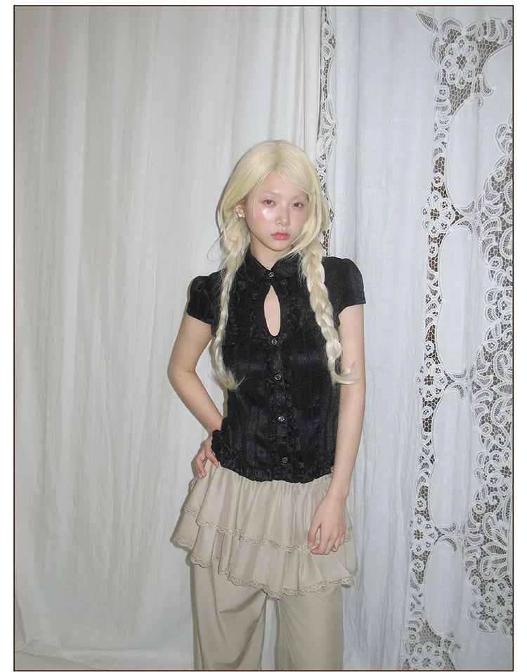 Ruffled Stand Collar Short Sleeve Top