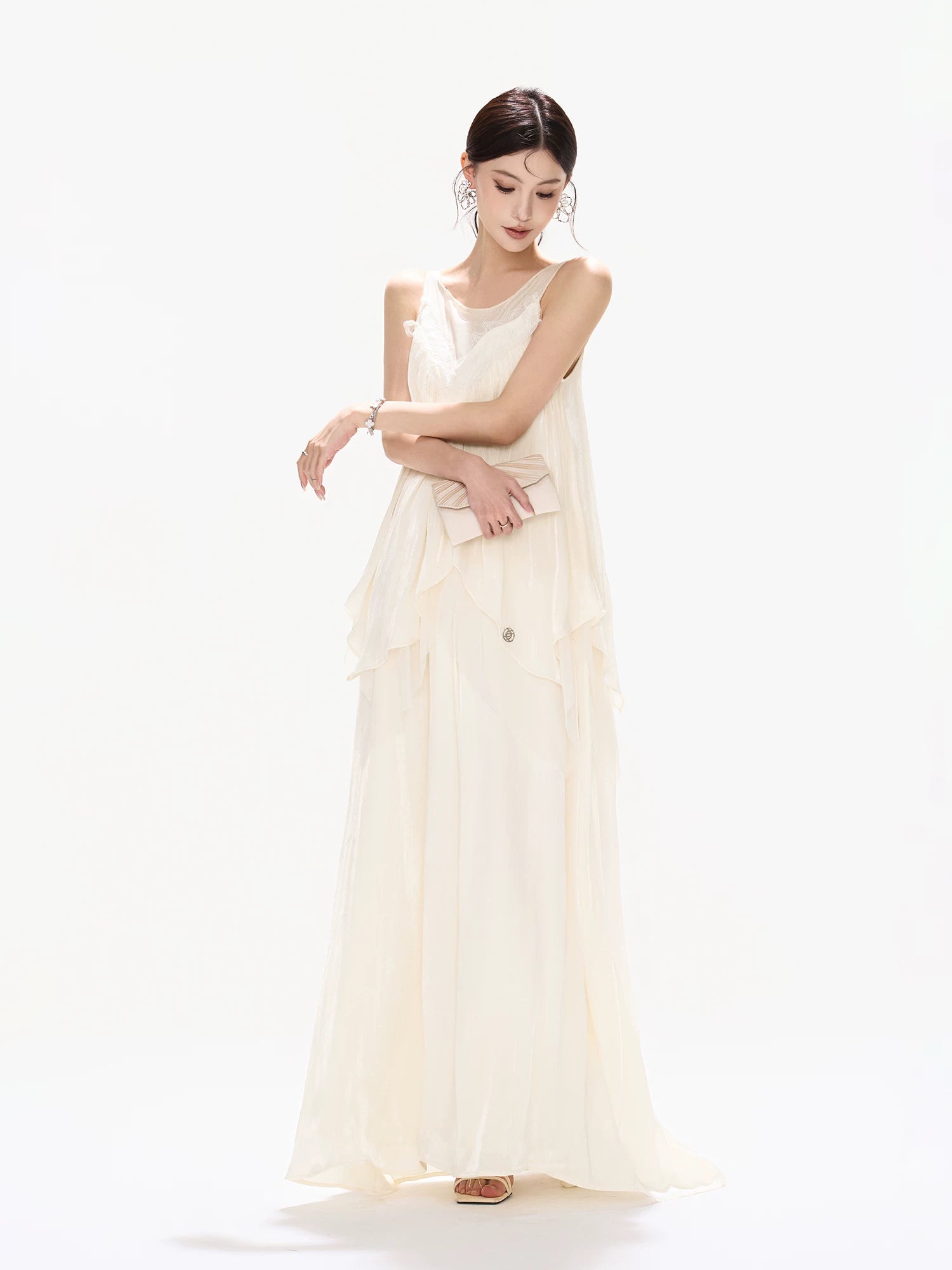 Mesh Panel Ruffle Maxi Dress