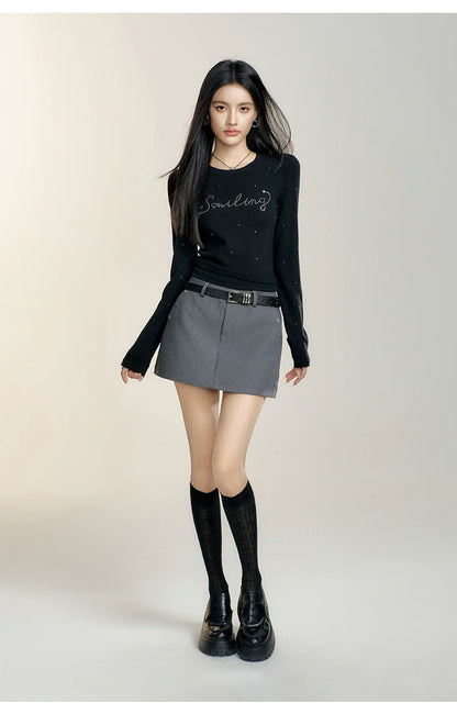 Black &amp; White Round Neck Fitted Long-sleeve T-shirt